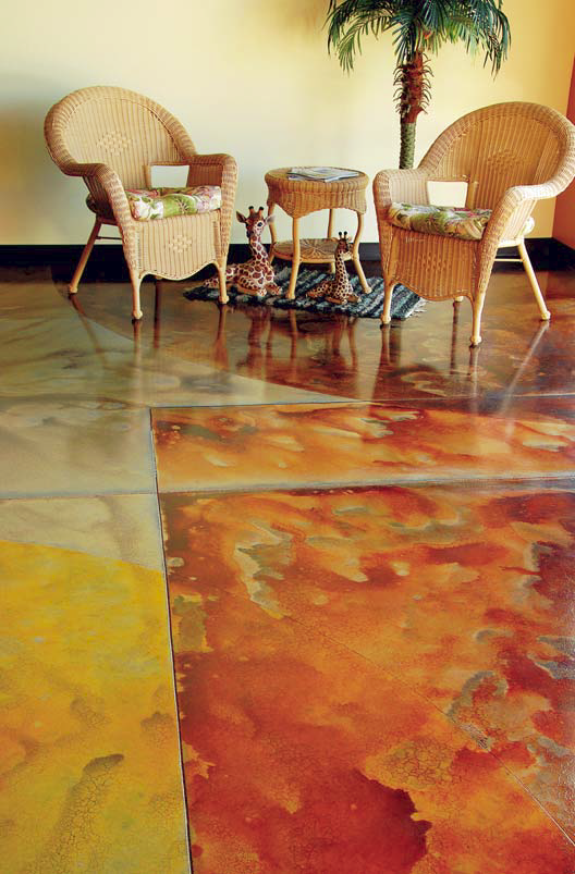 Mike Hernandez used water-based stains and an epoxy coating on the ReUse Concrete Sealing Specialists showroom floor in Overland Park, Kan.