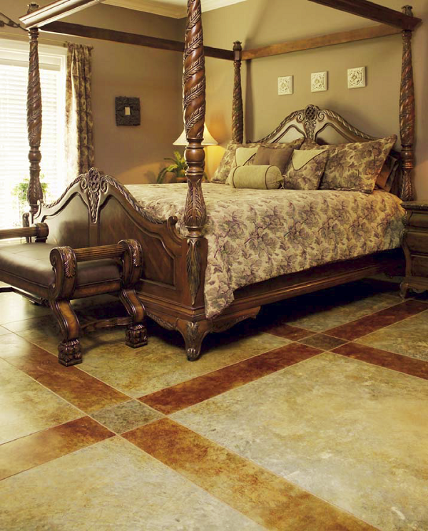 The look of this floor was achieved by using a diluted batch of Kemiko Malay Tan stain, along with a bit of Cola stain and diluted black accents. It was finished with a clear sealer.