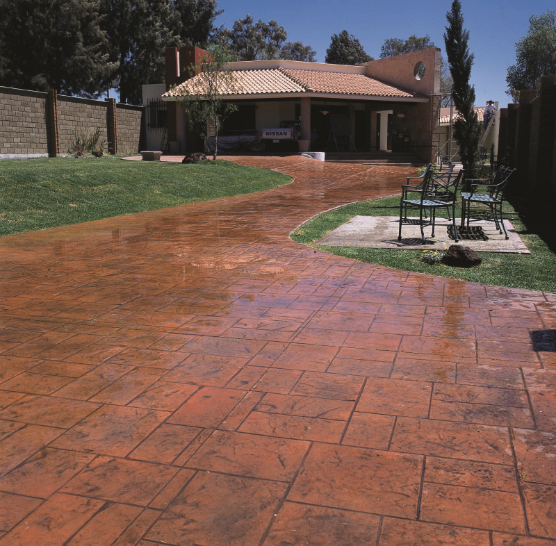 a stamped decorative concrete patio with integral color