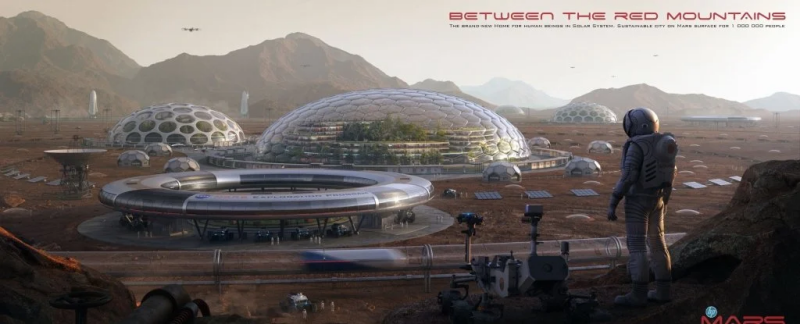 an artistic rendering of Mars in the future made with concrete