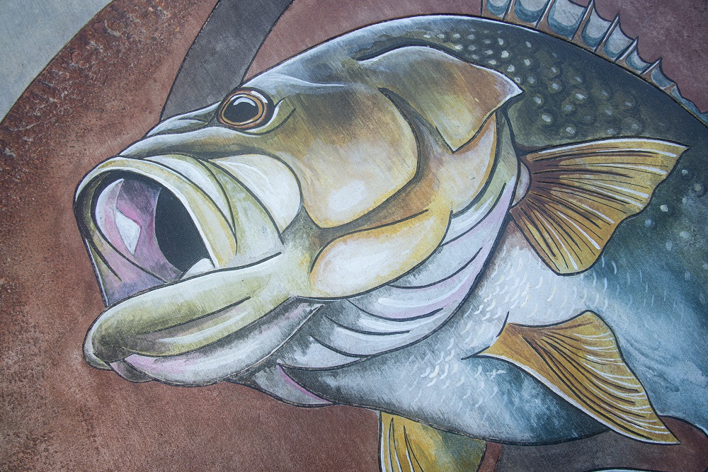 stained concrete patio with a large mouth bass was stained on this