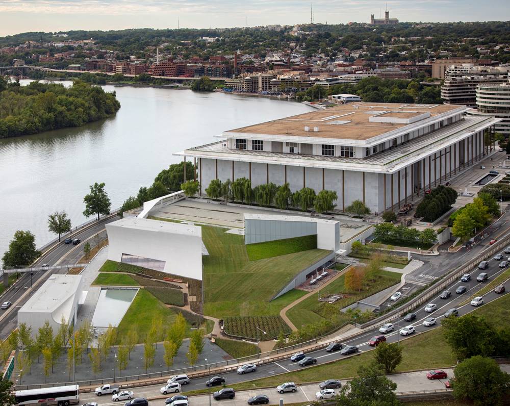 An aerial view of the Kennedy Center and its new pavilions that grace the grounds