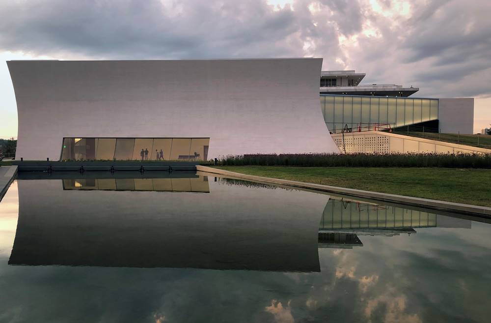 The Kennedy Center Pavilions Skylight Pavilion with a reflecting pool to capture the expanse of the grounds and the sky.