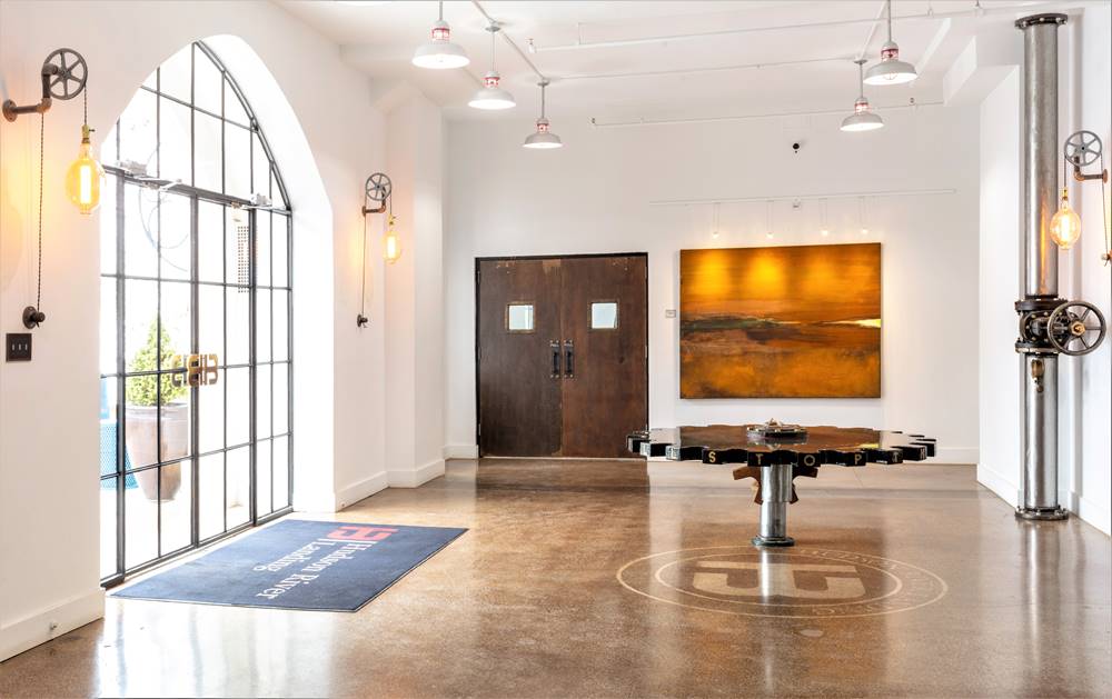Hudson River Landing in New York lobby with a concrete table installed