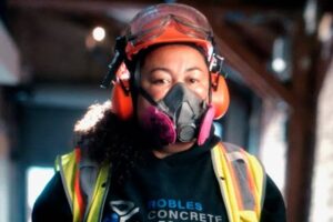 Concrete contractor Kimberley Robles all decked out for Citibank commercial about minority-owned businesses.