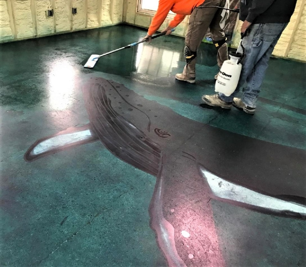 An application of custom-made stencils in the shapes of a humpback whale on concrete