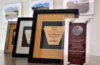 A line up of awards and trophies