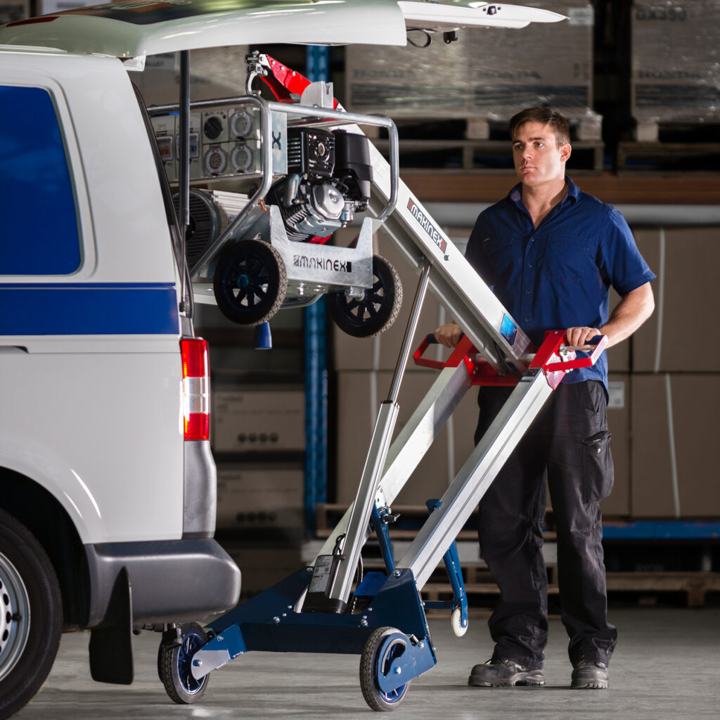 A hand truck that can turn a two man job into a one man job using physics and machinery - one of the products for social distancing and sanitation