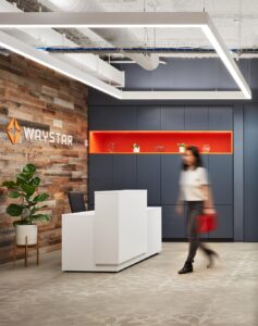 stenciled concrete in an office mock up of the lobby area