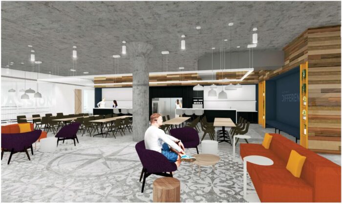 The architect’s design rendering of a floor featuring a faded pattern of stenciled concrete in an office captured Bob Bauer’s attention from the get-go.
