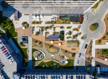 An aerial view of a large decorative concrete project