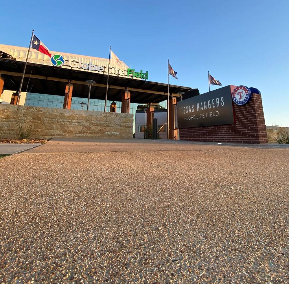 A close up look of integrally colored concrete at Texas Live!