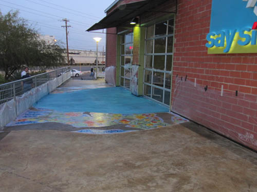 A look at the finished concrete patio at twilight