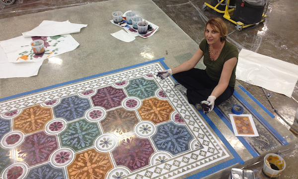 Royals recommends applying stains on porous concrete with a dry brush, rag or sponge. Polished concrete, she adds, works very well with Modellos.