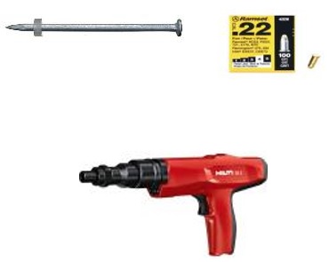 A gun nail, some gun shells and a nail gun that is powder-actuated.