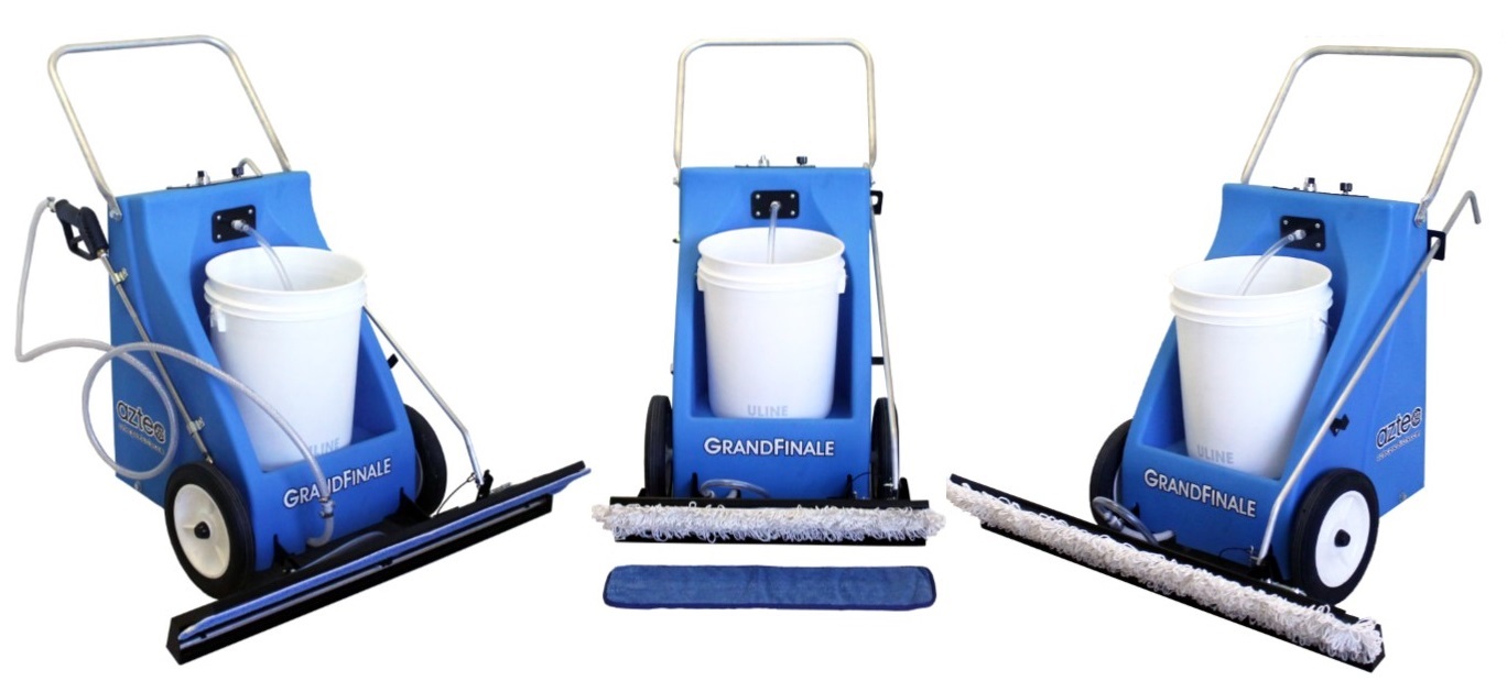 The Grand Finale is Step Four of the Aztec WorkSmart Sidewinder Stripping System, which includes the Liquidator (strip solution applicator), the Sidewinder (propane floor stripper), and the Guzzler (slurry retriever).
