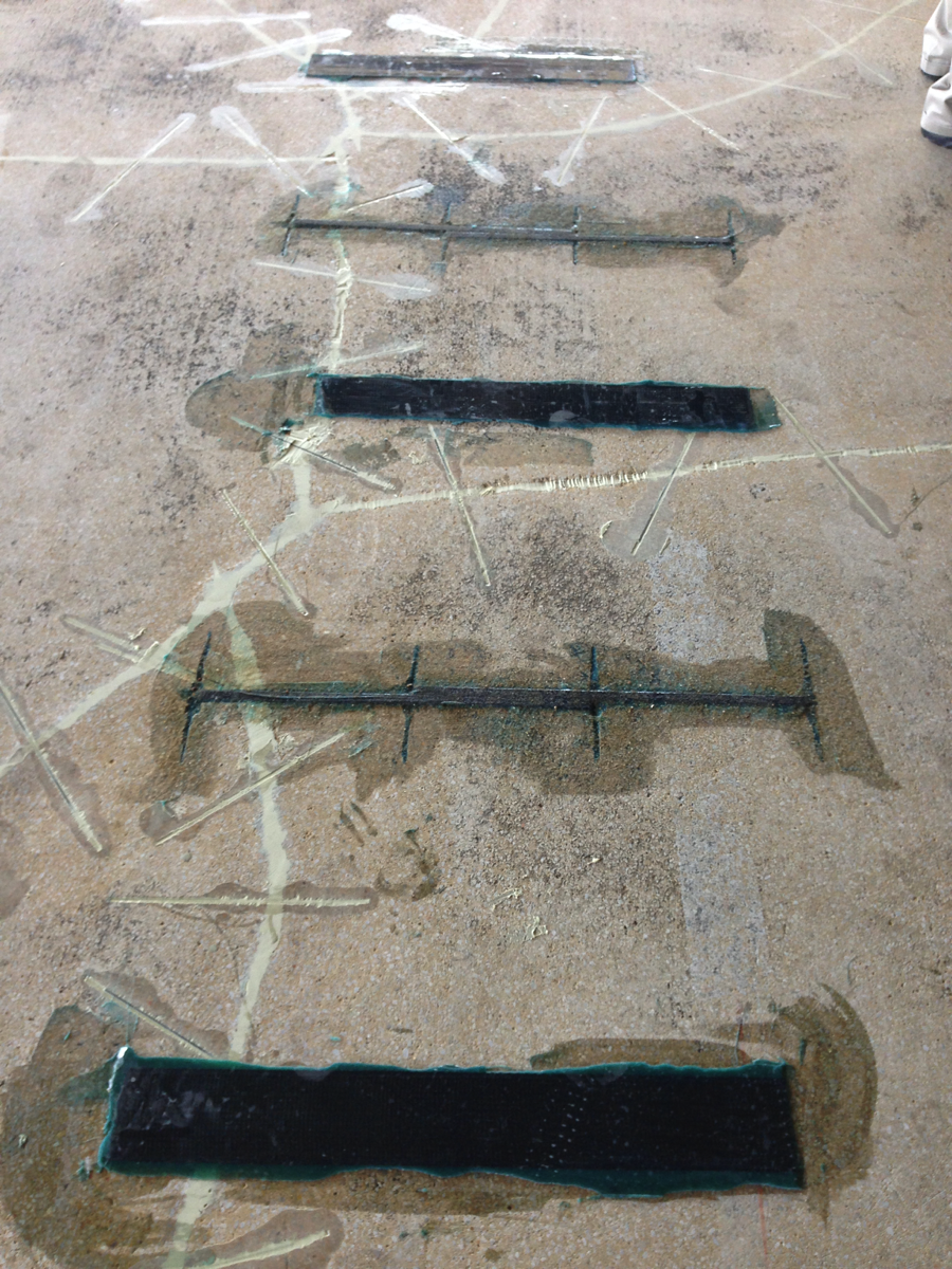 Miracote parking garage restoration - Test results #3, 'in process' picture. Carbon fiber Strapping and sticking.