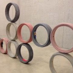 He cast the concrete circles in swimming pools to help make that statement. The difficult process of casting underwater is meant to highlight the environmental strains of private leisure activities on public infrastructure and ecosystems.