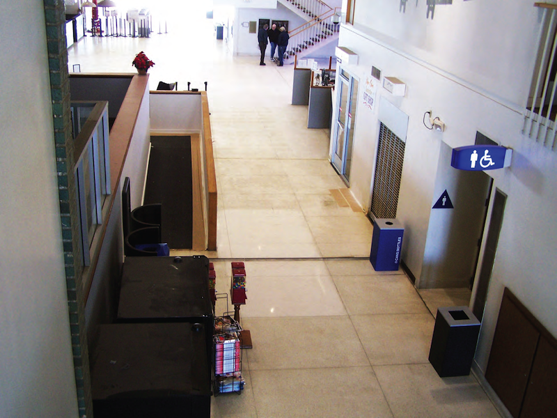 The carpet was removed from the test area. The terrazzo floor was stripped, polished and protected.