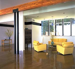 Smith Custom Concrete finished this living room by polishing the concrete below the yellow leather furniture.