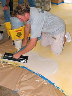 The class, taught by Gary Jones, started with a slide show of Colormaker projects around the world. Later on, Jones went on to explain different types of toppings and their polymer loadings; tools; floor prep; and coloring with Sgraffino and Rotofino, two Colormaker products.