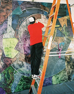 Artist Shay Davis,www.shayvision.com,uses watercolor pencil to touch up drawings made on concrete. The vivid concrete color effects are created by brushing on a new microtopping product from Miracote that contains colored epoxy micropowders. The 100 percent solids material is troweled or brushed on.Night clubs and game halls are early adopters of the technique.