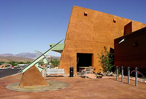 Vertical Concrete Staining - This library building was colored with Kemiko's Cola, English Red and Green Lawn stains. Photo courtesy of Stone Touch Inc. and Kemiko.