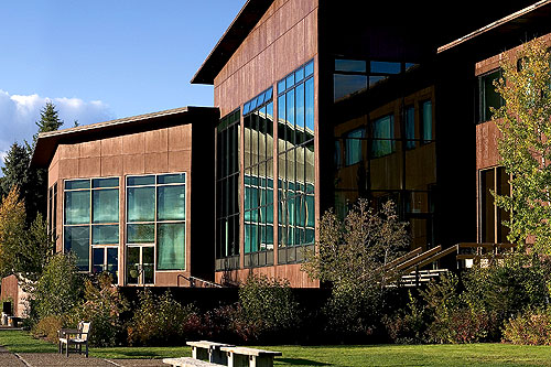 Vertical Concrete Staining - One of the company's signature jobs was completed in 1953 on the walls of Jackson Lake Lodge in Grand Teton National Park. Even today, the walls still shimmer with color. Photo courtesy of Kemiko Concrete Products 