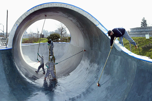 A crashing concrete wave created with acid stain and sandblasting is a piece of public art paying homage to Santa Cruzs surfing culture.