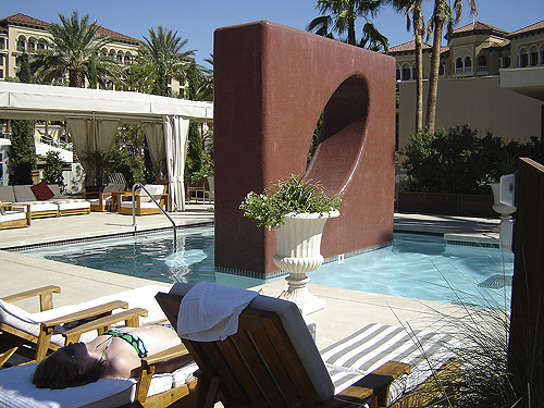 This monolithic structure stands between lanes and the general swimming area of a spa pool at Green Valley Ranch Resort, Spa & Casino, Henderson, Nev.