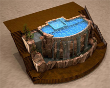 3D Render of Concrete Waterfalls - his conceptual rendering of a residential pool with a 30-foot infinity edge waterfall was created by Lakeland Co. for a Sandpoint, Idaho, client using 3-D computer modeling software.